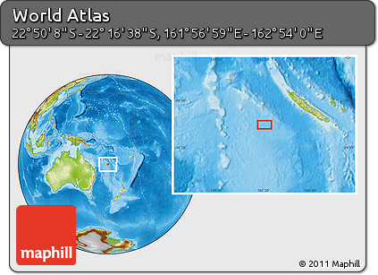 Physical Location Map of the Area around 22° 33' 23" S, 162° 25' 30" E