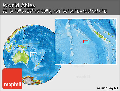 Physical Location Map of the Area around 22° 33' 23" S, 162° 25' 30" E