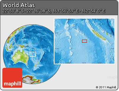 Physical Location Map of the Area around 22° 33' 23" S, 162° 25' 30" E