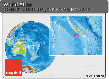 Physical Location Map of the Area around 22° 33' 23" S, 164° 58' 29" E