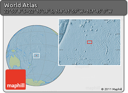 Savanna Style Location Map of the Area around 22° 33' 23" S, 168° 13' 29" W, hill shading