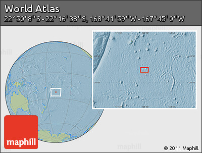 Savanna Style Location Map of the Area around 22° 33' 23" S, 168° 13' 29" W, hill shading
