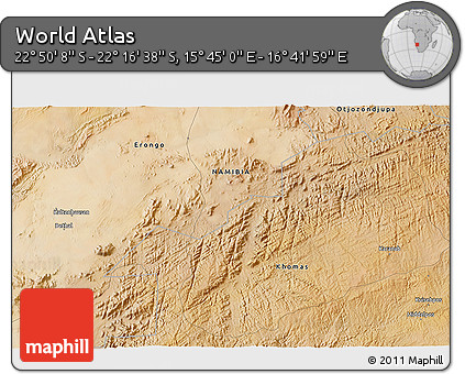 Satellite 3D Map of the Area around 22° 33' 23" S, 16° 13' 30" E