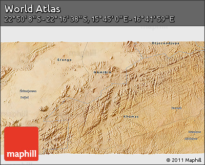 Satellite 3D Map of the Area around 22° 33' 23" S, 16° 13' 30" E