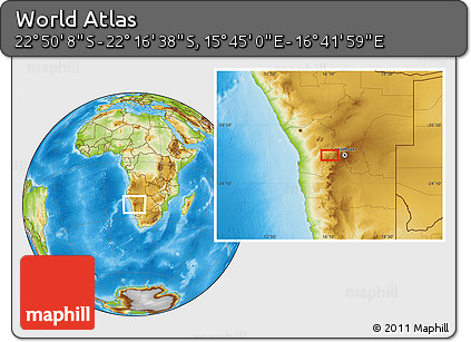 Physical Location Map of the Area around 22° 33' 23" S, 16° 13' 30" E