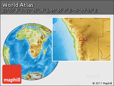Physical Location Map of the Area around 22° 33' 23" S, 16° 13' 30" E