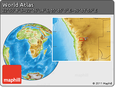 Physical Location Map of the Area around 22° 33' 23" S, 16° 13' 30" E