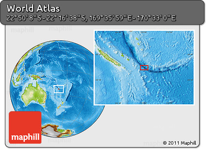 Physical Location Map of the Area around 22° 33' 23" S, 170° 4' 29" E
