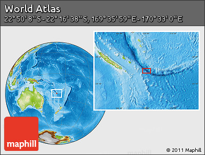 Physical Location Map of the Area around 22° 33' 23" S, 170° 4' 29" E