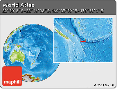 Physical Location Map of the Area around 22° 33' 23" S, 170° 4' 29" E