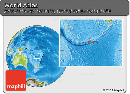 Physical Location Map of the Area around 22° 33' 23" S, 174° 19' 29" E