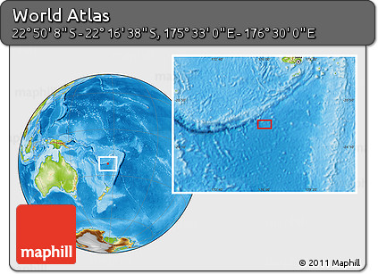 Physical Location Map of the Area around 22° 33' 23" S, 176° 1' 30" E