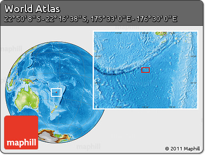 Physical Location Map of the Area around 22° 33' 23" S, 176° 1' 30" E