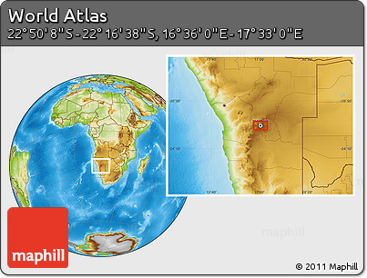 Physical Location Map of the Area around 22° 33' 23" S, 17° 4' 30" E