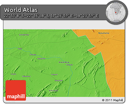 Political 3D Map of the Area around 22° 33' 23" S, 17° 55' 29" E