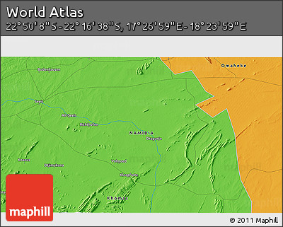 Political 3D Map of the Area around 22° 33' 23" S, 17° 55' 29" E