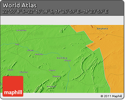 Political 3D Map of the Area around 22° 33' 23" S, 17° 55' 29" E