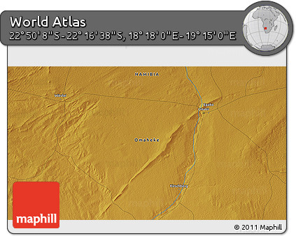 Physical 3D Map of the Area around 22° 33' 23" S, 18° 46' 29" E