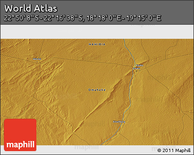 Physical 3D Map of the Area around 22° 33' 23" S, 18° 46' 29" E