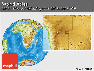 Physical Location Map of the Area around 22° 33' 23" S, 19° 37' 30" E
