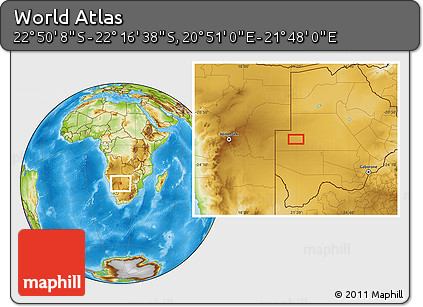 Physical Location Map of the Area around 22° 33' 23" S, 21° 19' 30" E