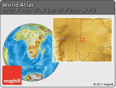 Physical Location Map of the Area around 22° 33' 23" S, 21° 19' 30" E