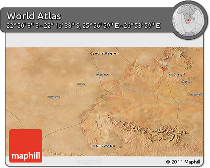 Satellite 3D Map of the Area around 22° 33' 23" S, 26° 25' 29" E