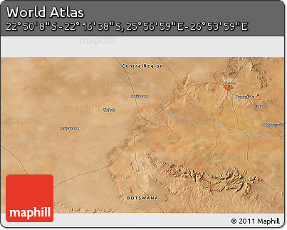 Satellite 3D Map of the Area around 22° 33' 23" S, 26° 25' 29" E