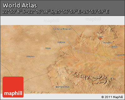 Satellite 3D Map of the Area around 22° 33' 23" S, 26° 25' 29" E