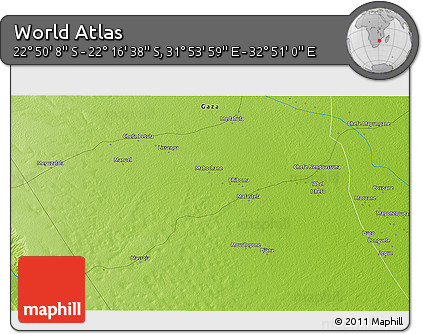 Physical 3D Map of the Area around 22° 33' 23" S, 32° 22' 30" E