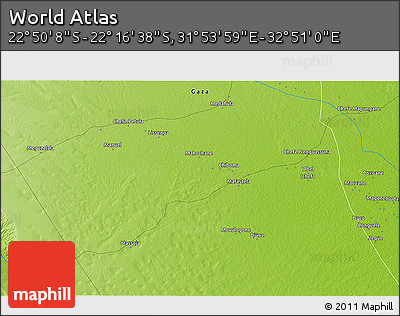 Physical 3D Map of the Area around 22° 33' 23" S, 32° 22' 30" E