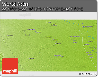 Physical 3D Map of the Area around 22° 33' 23" S, 32° 22' 30" E
