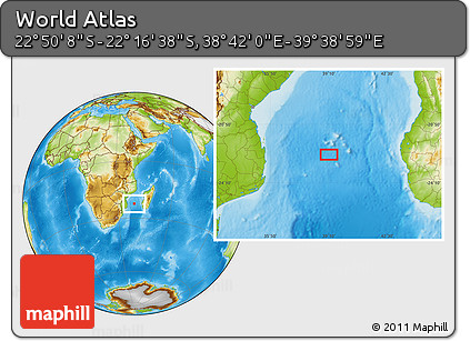 Physical Location Map of the Area around 22° 33' 23" S, 39° 10' 29" E
