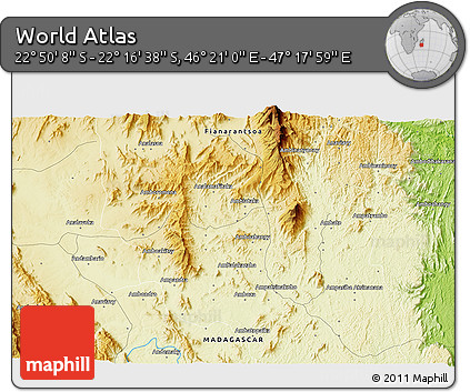 Physical 3D Map of the Area around 22° 33' 23" S, 46° 49' 30" E