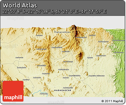 Physical 3D Map of the Area around 22° 33' 23" S, 46° 49' 30" E