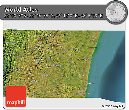 Satellite 3D Map of the Area around 22° 33' 23" S, 47° 40' 29" E