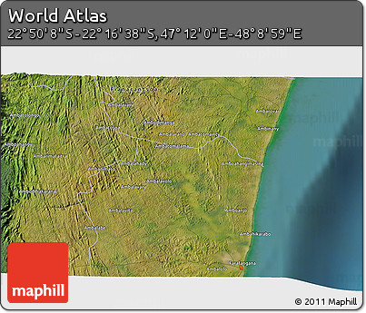 Satellite 3D Map of the Area around 22° 33' 23" S, 47° 40' 29" E