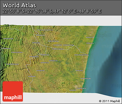 Satellite 3D Map of the Area around 22° 33' 23" S, 47° 40' 29" E