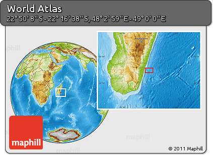 Physical Location Map of the Area around 22° 33' 23" S, 48° 31' 29" E