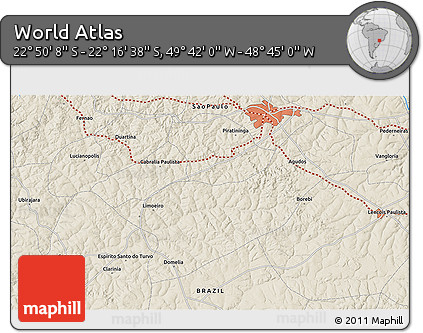 Shaded Relief 3D Map of the Area around 22° 33' 23" S, 49° 13' 30" W
