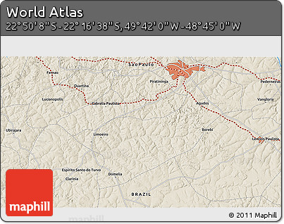 Shaded Relief 3D Map of the Area around 22° 33' 23" S, 49° 13' 30" W