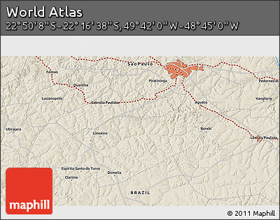 Shaded Relief 3D Map of the Area around 22° 33' 23" S, 49° 13' 30" W