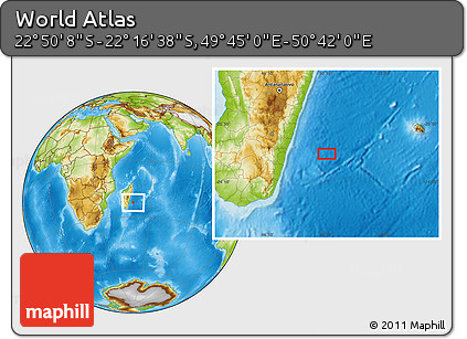 Physical Location Map of the Area around 22° 33' 23" S, 50° 13' 30" E