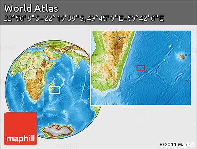 Physical Location Map of the Area around 22° 33' 23" S, 50° 13' 30" E