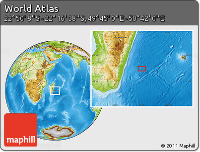 Physical Location Map of the Area around 22° 33' 23" S, 50° 13' 30" E