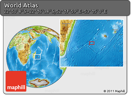 Physical Location Map of the Area around 22° 33' 23" S, 52° 46' 29" E