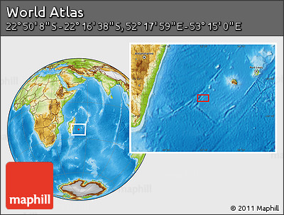Physical Location Map of the Area around 22° 33' 23" S, 52° 46' 29" E
