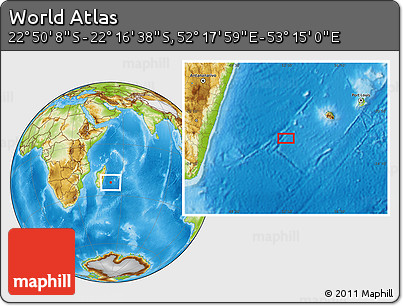 Physical Location Map of the Area around 22° 33' 23" S, 52° 46' 29" E