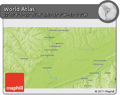 Physical 3D Map of the Area around 22° 33' 23" S, 53° 28' 30" W