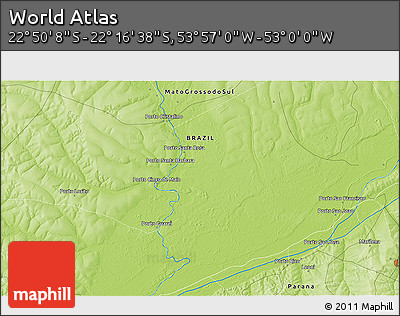 Physical 3D Map of the Area around 22° 33' 23" S, 53° 28' 30" W
